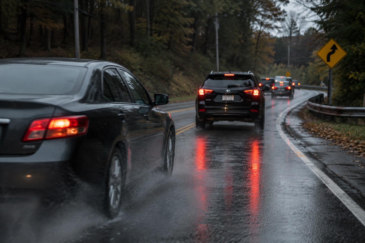 Cars traveling on a rainy, curving road