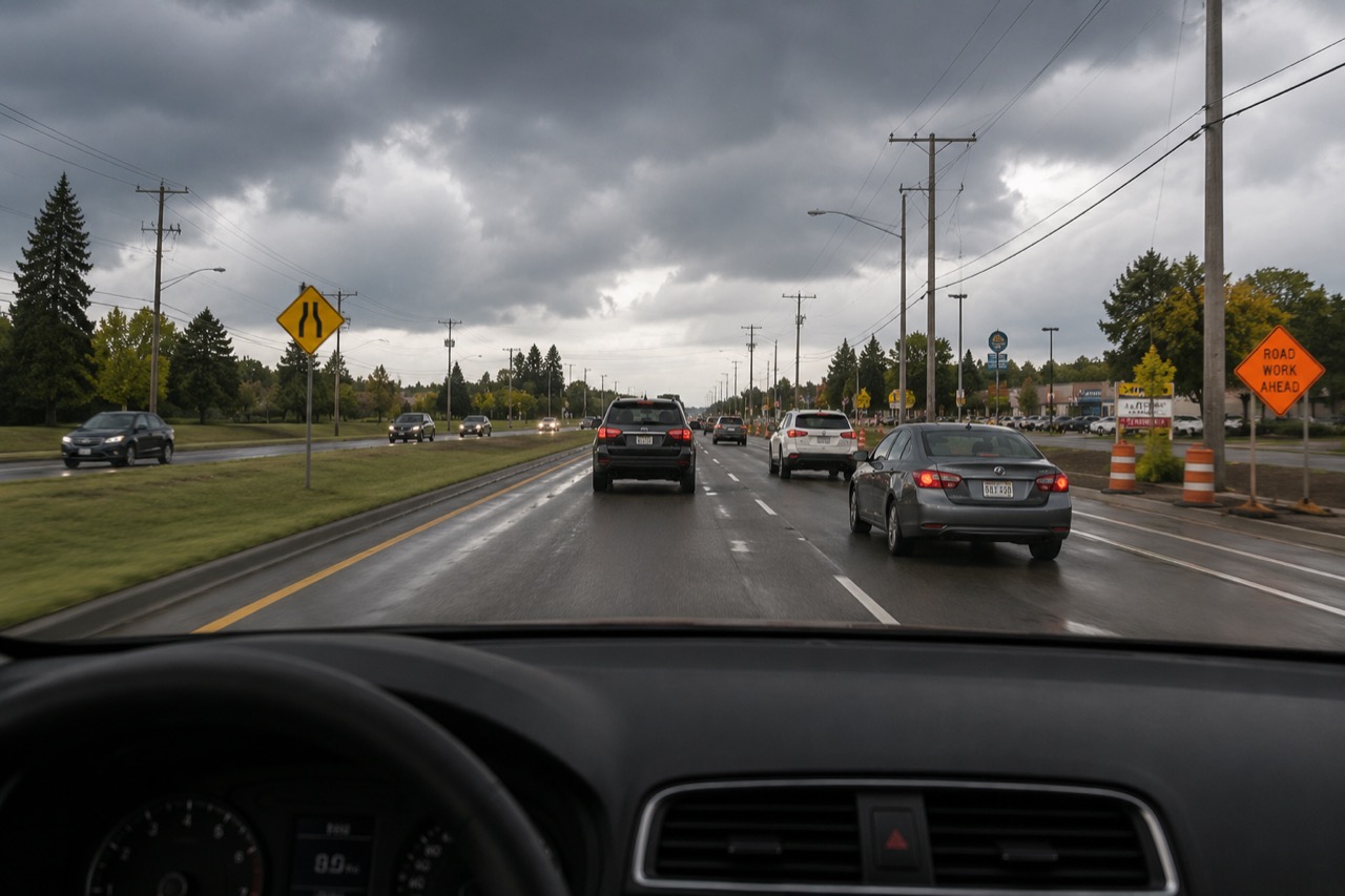 Traffic moving through a work zone on a wet road